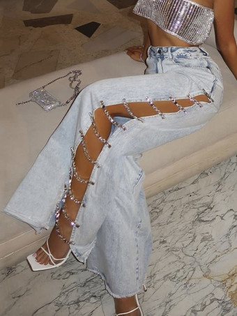 ライトスカイブルー女性用ジーンズ セクシーチェーン ナチュラルウエスト デニム