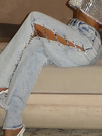 女性用ジーンズ セクシーチェーン ナチュラルウエスト デニム