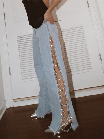 女性用ジーンズ セクシーチェーン ナチュラルウエスト デニム