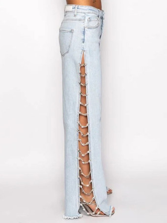 女性用ジーンズ セクシーチェーン ナチュラルウエスト デニム