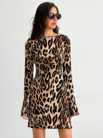 ボディコンドレス ヒョウ柄 ヒョウ柄 長袖 シック ジュエルネック シースドレス シースドレス