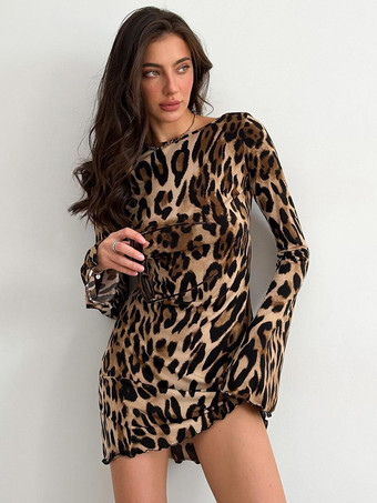 ボディコンドレス ヒョウ柄 ヒョウ柄 長袖 シック ジュエルネック シースドレス シースドレス