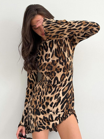 ボディコンドレス ヒョウ柄 ヒョウ柄 長袖 シック ジュエルネック シースドレス シースドレス