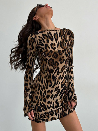 ボディコンドレス ヒョウ柄 ヒョウ柄 長袖 シック ジュエルネック シースドレス シースドレス