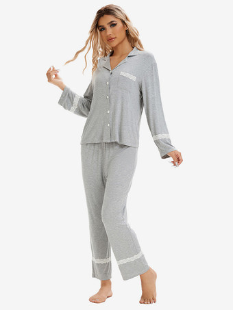 ライトグレー ホームウェア ターンダウンカラー 長袖 ポリエステル