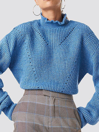 Suéteres para mujer de acrílico con cuello alto mangas largas y aberturas azules