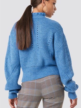 Suéteres para mujer de acrílico con cuello alto mangas largas y aberturas azules
