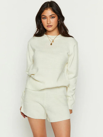 Pullovers For Women White Jewel Neck Long Sleeves Acrylic Sweaters