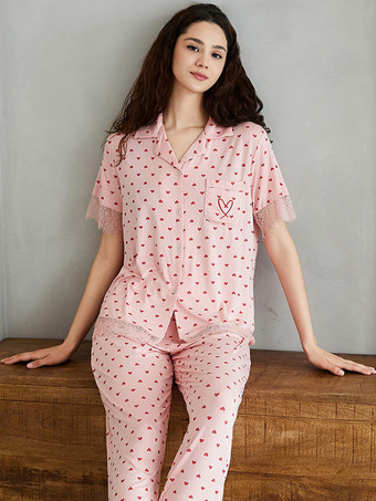 ホームウェア ターンダウンカラー 半袖 ハート柄 ポリエステル