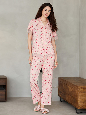 ピンクホームウェア ターンダウンカラー 半袖 ハート柄 ポリエステル