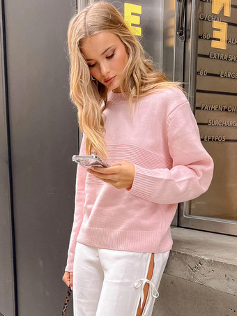 Pullovers For Women White Jewel Neck Long Sleeves Acrylic Sweaters