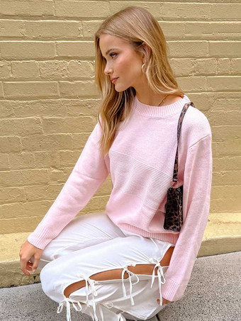 Pullovers For Women White Jewel Neck Long Sleeves Acrylic Sweaters