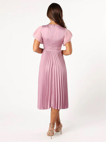 ショート丈のブライズメイドドレス 伸縮性のあるシルクのようなサテン 半袖 ジッパー Vネック ウェディング パーティードレス