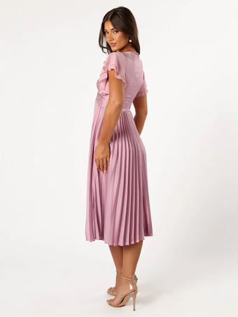 ショート丈のブライズメイドドレス 伸縮性のあるシルクのようなサテン 半袖 ジッパー Vネック ウェディング パーティードレス