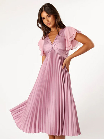 ショート丈のブライズメイドドレス 伸縮性のあるシルクのようなサテン 半袖 ジッパー Vネック ウェディング パーティードレス