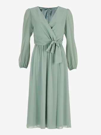 花嫁の母親のためのパーティードレス Vネック 長袖 Aライン リボン 結婚式用ゲストドレス