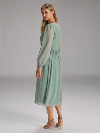 花嫁の母親のためのパーティードレス Vネック 長袖 Aライン リボン 結婚式用ゲストドレス