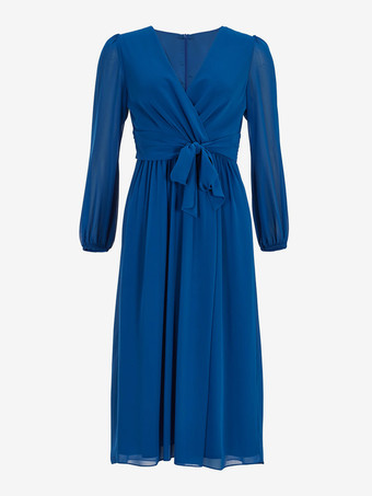 花嫁の母親のためのパーティードレス Vネック 長袖 Aライン リボン 結婚式用ゲストドレス