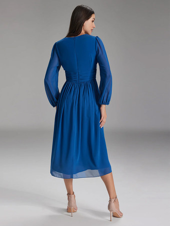 花嫁の母親のためのパーティードレス Vネック 長袖 Aライン リボン 結婚式用ゲストドレス