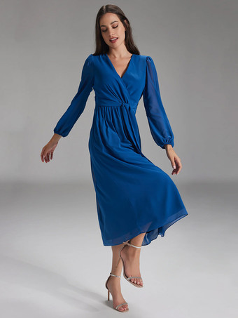 花嫁の母親のためのパーティードレス Vネック 長袖 Aライン リボン 結婚式用ゲストドレス