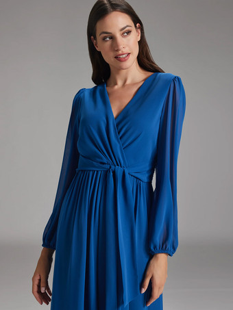 花嫁の母親のためのパーティードレス Vネック 長袖 Aライン リボン 結婚式用ゲストドレス