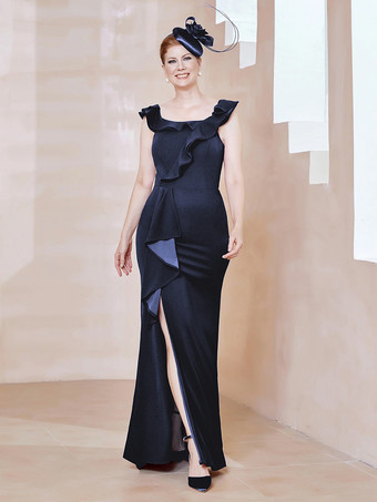 DunkelmarineblauMutterkleid mit Rundhalsausschnitt ärmellos Etuikleid mit Rüschen bodenlang Gastkleider für Hochzeit