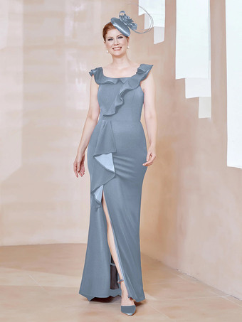 Graublau Mutterkleid mit Rundhalsausschnitt ärmellos Etuikleid mit Rüschen bodenlang Gastkleider für Hochzeit