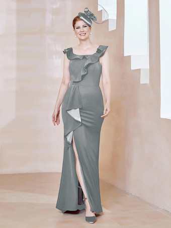GrauMutterkleid mit Rundhalsausschnitt ärmellos Etuikleid mit Rüschen bodenlang Gastkleider für Hochzeit