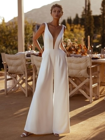ブライダルジャンプスーツ ストレッチクレープサッシュ フロアレングスジャンプスーツ Vネック ノースリーブ ナチュラルウエスト アイボリー