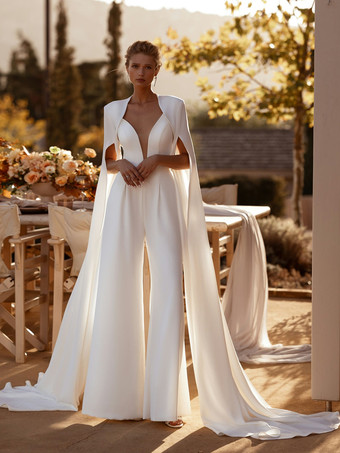 Bridal Jumpsuit Stretch Crepe Sash Floor-Length Jumpsuit V-Neck Sleeveless Natural Waist Ivory