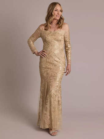 Color champañaVestido de fiesta para madre de la novia cuello barco manga larga encaje de sirena hasta el tobillo vestidos de invitados para boda