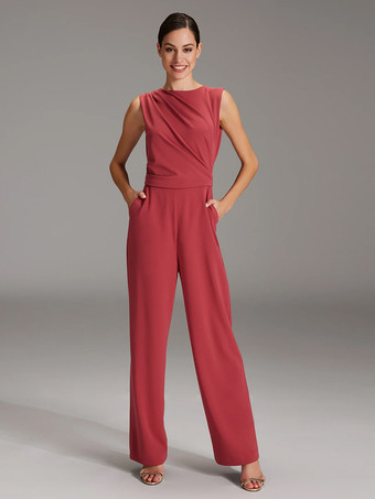 エンバーレッド花嫁の母親のためのパーティードレス ジュエルネック ノースリーブ ジャンプスーツ プリーツ ウェディングゲストドレス
