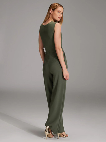 アーミーグリーン花嫁の母親のためのパーティードレス ジュエルネック ノースリーブ ジャンプスーツ プリーツ ウェディングゲストドレス