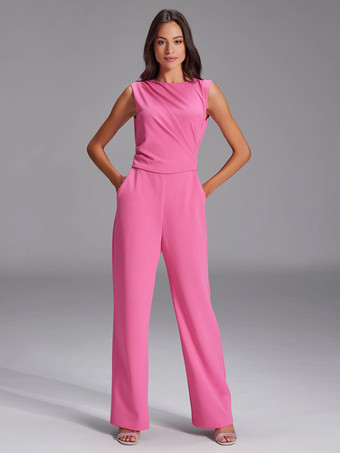 花嫁の母親のためのパーティードレス ジュエルネック ノースリーブ ジャンプスーツ プリーツ ウェディングゲストドレス