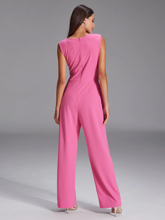 花嫁の母親のためのパーティードレス ジュエルネック ノースリーブ ジャンプスーツ プリーツ ウェディングゲストドレス