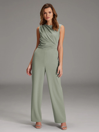 セージグリーン花嫁の母親のためのパーティードレス ジュエルネック ノースリーブ ジャンプスーツ プリーツ ウェディングゲストドレス