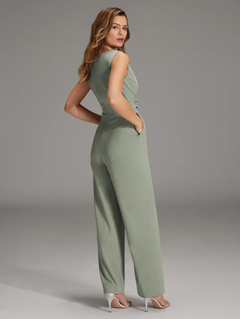 花嫁の母親のためのパーティードレス ジュエルネック ノースリーブ ジャンプスーツ プリーツ ウェディングゲストドレス