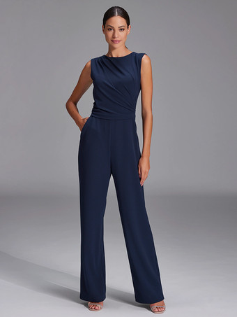 ダークネイビー花嫁の母親のためのパーティードレス ジュエルネック ノースリーブ ジャンプスーツ プリーツ ウェディングゲストドレス