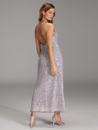 イブニングドレス シース Vネック スパンコール アンクル丈 スパンコール フォーマル パーティードレス