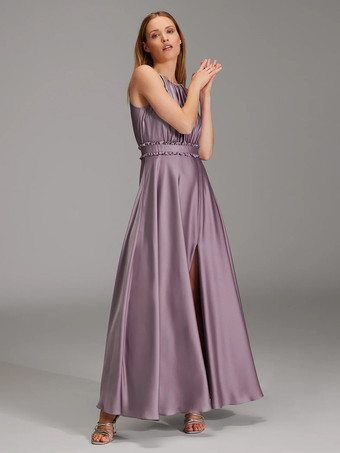 ブライズメイドドレス 伸縮性のあるシルクのようなサテンのAライン フロアレングス プロムドレス