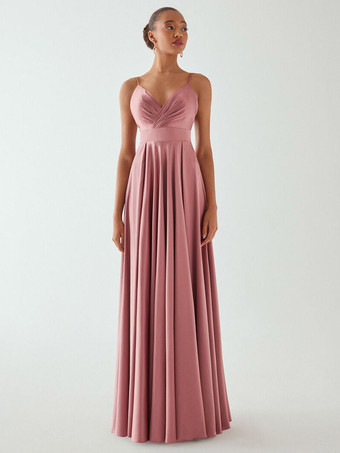サーモンピンクイブニングドレス Aライン Vネック ノースリーブ バックレス リボン フロアレングス フォーマルディナードレス