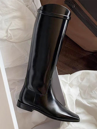 ブラック フラット ライディングブーツ スクエアトゥ ニーハイブーツ