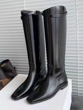 PUブラックブラック フラット ライディングブーツ スクエアトゥ ニーハイブーツ