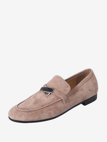 ライト アプリコットレディース スエード ローファー ラウンドトゥ バックルディテール スリップオン フラットシューズ