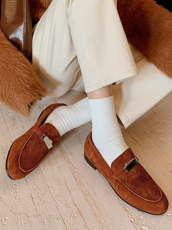 レディース スエード ローファー ラウンドトゥ バックルディテール スリップオン フラットシューズ