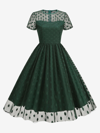ダークグリーンレトロドレス ジュエルネック 1950年代 オードリー ヘプバーン スタイル シアー 半袖 ミディアム ホワイト ロカビリー ドレス