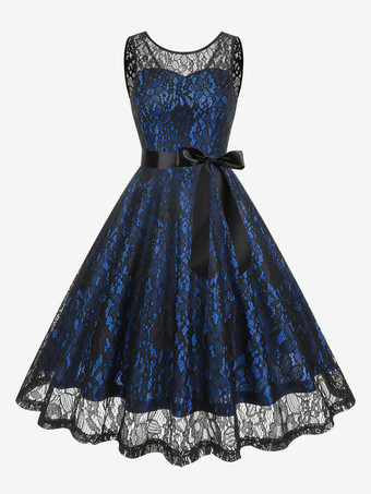 ブルー レトロドレス グリーン 1950年代 オードリー ヘプバーン スタイル ツートン サッシュ ノースリーブ Vネック ミディアム ロカビリー ドレス