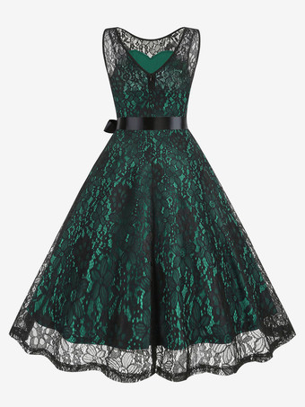 グリーン レトロドレス グリーン 1950年代 オードリー ヘプバーン スタイル ツートン サッシュ ノースリーブ Vネック ミディアム ロカビリー ドレス