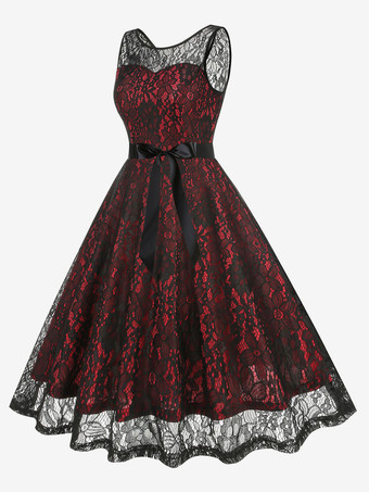 レトロドレス グリーン 1950年代 オードリー ヘプバーン スタイル ツートン サッシュ ノースリーブ Vネック ミディアム ロカビリー ドレス