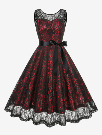 レッド レトロドレス グリーン 1950年代 オードリー ヘプバーン スタイル ツートン サッシュ ノースリーブ Vネック ミディアム ロカビリー ドレス